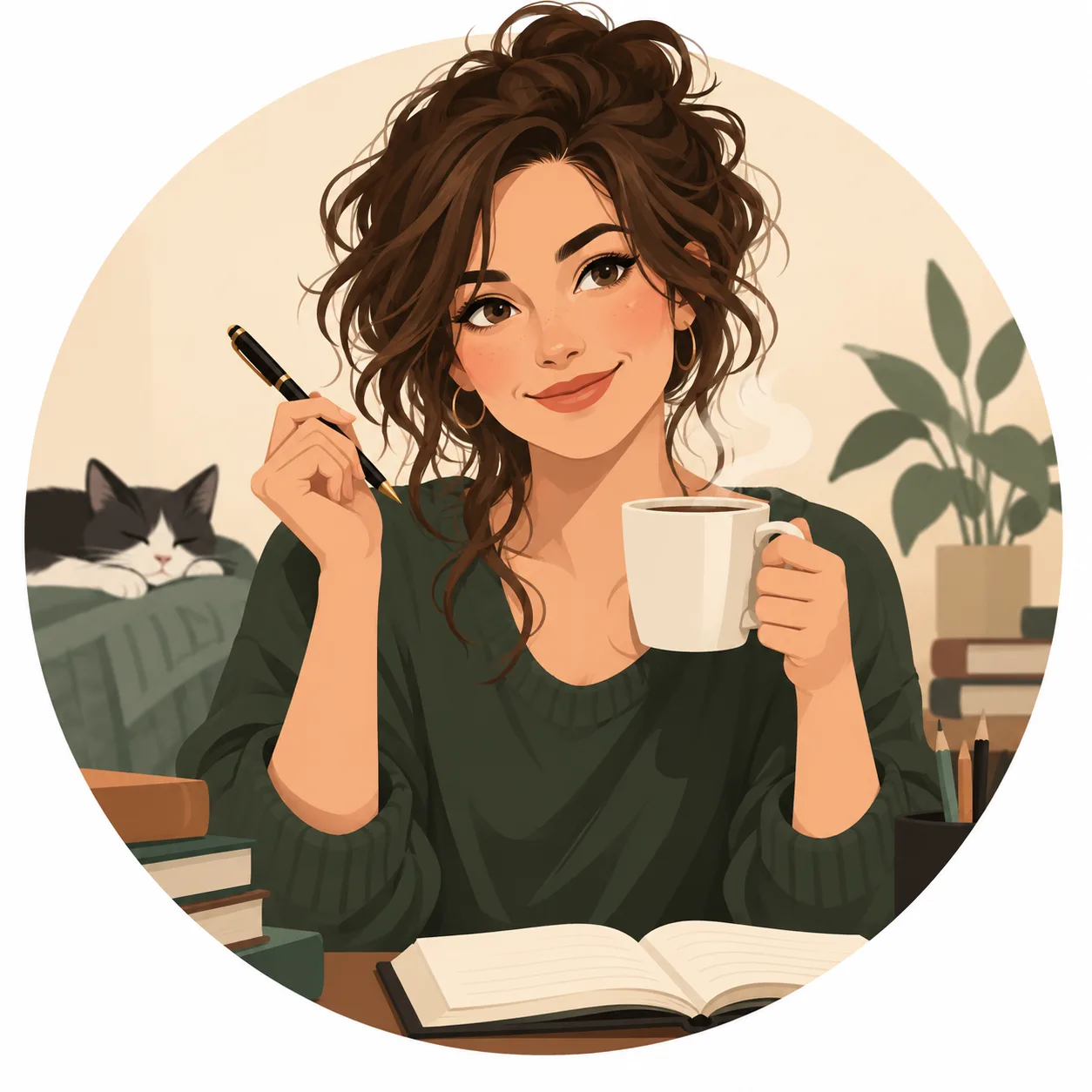 Illustrated portrait of Elisa Hausner at her desk, holding a pen and a mug of coffee